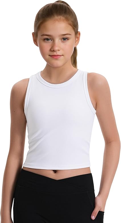JOCMIC Girls Tank Tops Kids Athletic Tank Ribbed Knit High Neck Crop Tops for Gym Yoga
