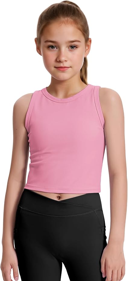 JOCMIC Girls Tank Tops Kids Athletic Tank Ribbed Knit High Neck Crop Tops for Gym Yoga