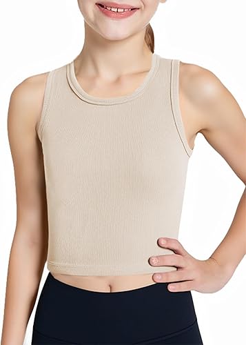 Haloumoning Girls Tank Tops Kids Athletic Ribbed Knit Sleeveless Crop Tops Basic Camisole 5-14 Years