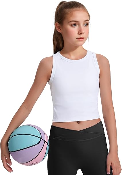 JOCMIC Girls Tank Tops Kids Athletic Tank Ribbed Knit High Neck Crop Tops for Gym Yoga