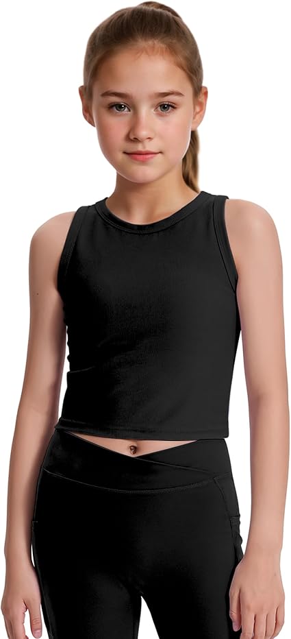 JOCMIC Girls Tank Tops Kids Athletic Tank Ribbed Knit High Neck Crop Tops for Gym Yoga