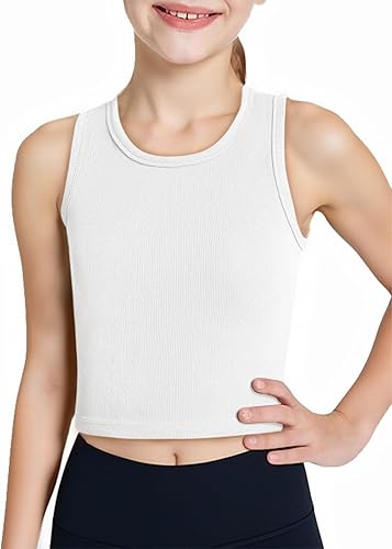 Haloumoning Girls Tank Tops Kids Athletic Ribbed Knit Sleeveless Crop Tops Basic Camisole 5-14 Years