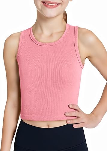 Haloumoning Girls Tank Tops Kids Athletic Ribbed Knit Sleeveless Crop Tops Basic Camisole 5-14 Years