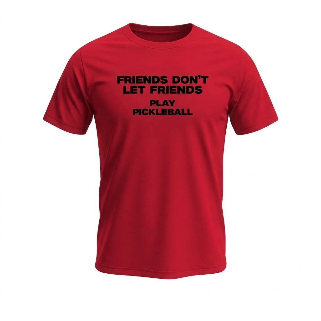 Man wearing Friends Don't Let Friends Play Pickleball graphic t-shirt by LongJack Nation